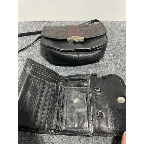 Vintage One World Brighton ChocBrown Croc-Embossed & Black Leather Crossbody Bag - Picture 8 of 12